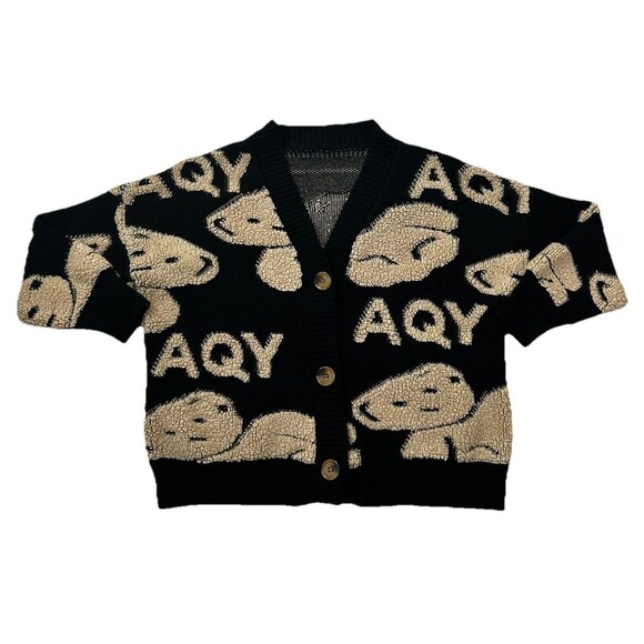 AQY Sweaters - AQY Bear Sweater Cardigan Womens L XL Black Long Sleeve Chunky Harajuku Y2K